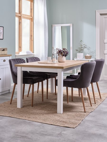 MARKSKEL L150/193 table + 4 PEBRINGE Stühle grau Samt