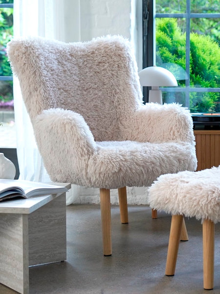 Armchair w/footstool HVILSTED sand teddy/natural