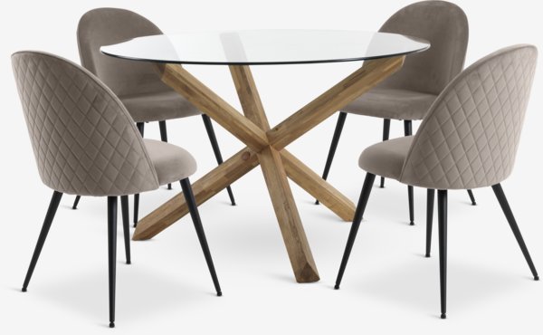 AGERBY Ø119 table chêne + 4 KOKKEDAL chaises velours gris