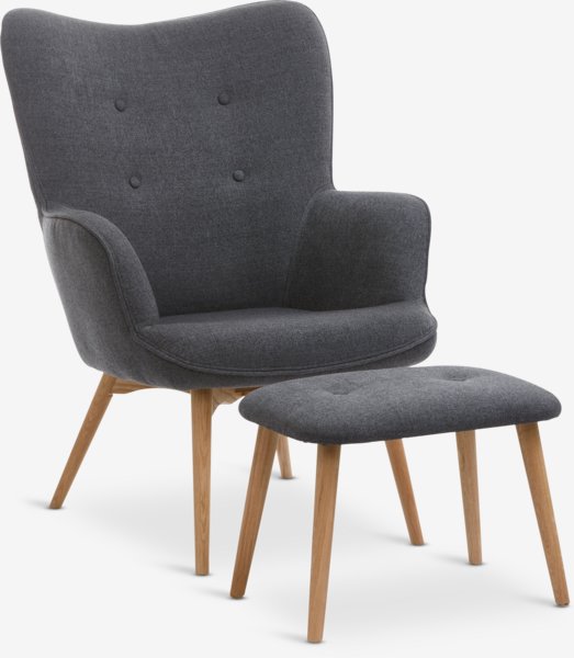 Fauteuil avec repose-pieds SKALBORG tissu gris foncé/chêne