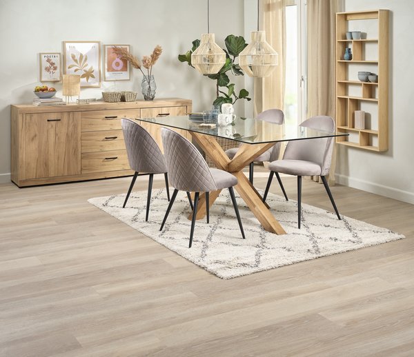 Mesa AGERBY L190 roble + 4 sillas KOKKEDAL terciopelo gris