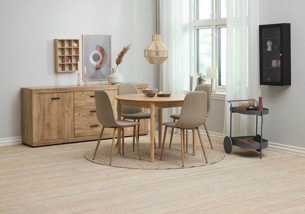 Table MARSTRAND Ø110 chêne + 4 chaises BISTRUP sable/chêne