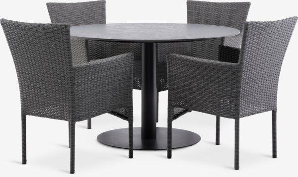 VAMDRUP Ø120 tafel + 4 AIDT stoelen grijs