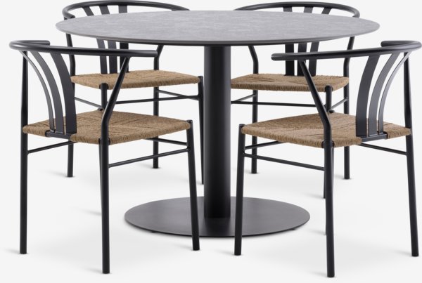 Table VAMDRUP Ø120 gris + 4 chaises de jardin TAGMARK noir