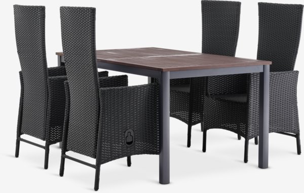 Table YTTRUP L150 bois dur + 4 chaises SKIVE inclinable noir