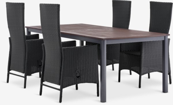 Table YTTRUP L210/300 bois dur + 4 chaises SKIVE noir