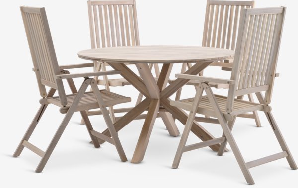 Table FUGLSAND Ø120 bois dur + 4 chaises de jardin TREBJERG