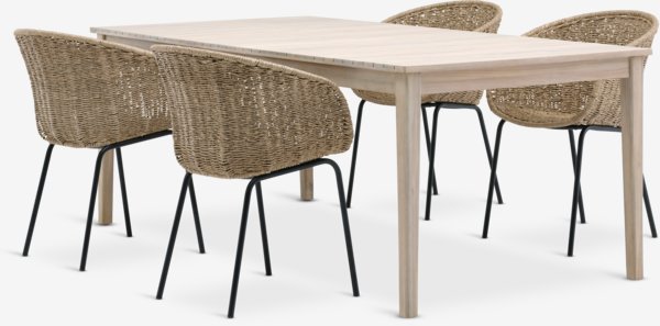 Table KOLLEN L205 bois dur + 4 chaises TUERNE naturel