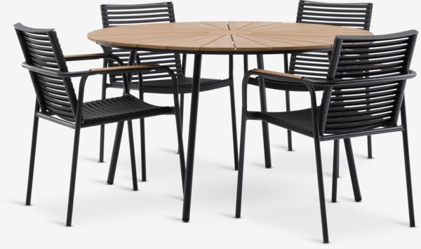 RANGSTRUP Ø130 tafel naturel/zwart + 4 NABE stoelen zwart