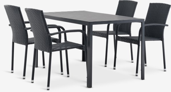 Table JERSORE L140 + 4 chaises HALDBJERG empilable noir