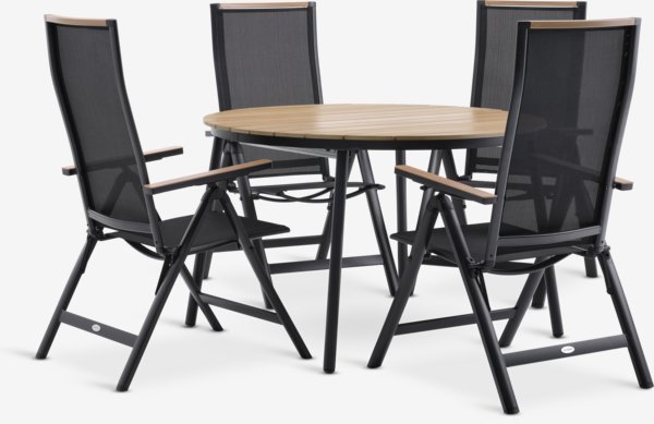 Table TAGEHOLM L118/168 naturel + 4 chaises BREDSTEN noir