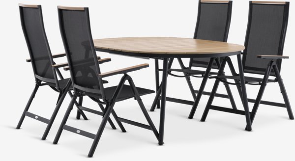 Table TAGEHOLM L118/168 naturel + 4 chaises BREDSTEN noir