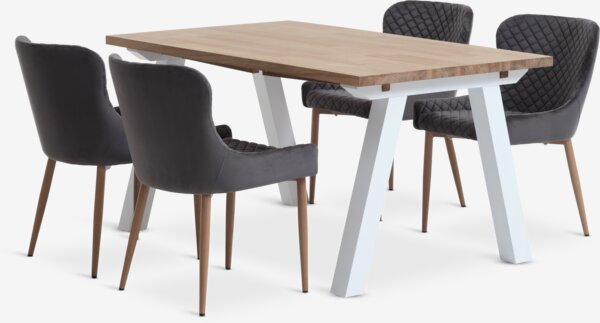 Table SKAGEN L150 blanc/chêne + 4 chaises PEBRINGE gris