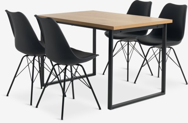 Mesa AABENRAA L120 roble + 4 sillas KLARUP negro