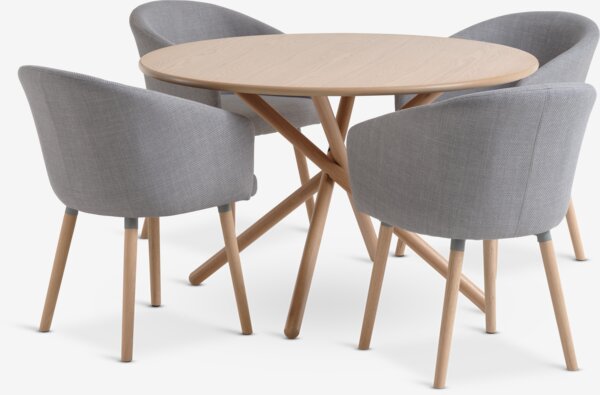 Table SKIBET Ø120 chêne clair + 4 chaises KLOSTER gris clair