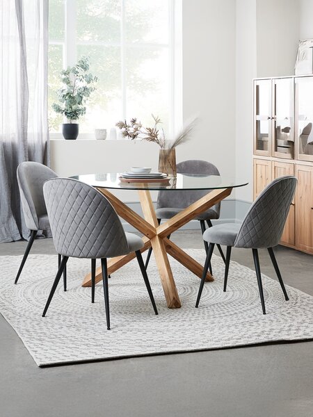 Table AGERBY Ø119 chêne + 4 chaises KOKKEDAL velours gris