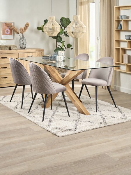 Table AGERBY L190 chêne + 4 chaises KOKKEDAL velours gris