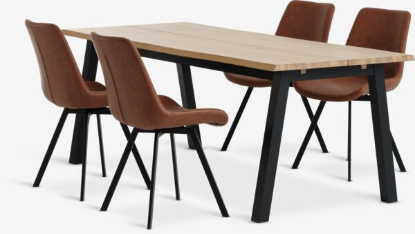 SKOVLUNDE L200 table natural oak+4 HYGUM chairs cognac