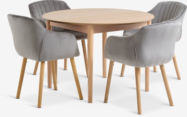 MARSTRAND D110 table oak + 4 ADSLEV chairs grey velvet