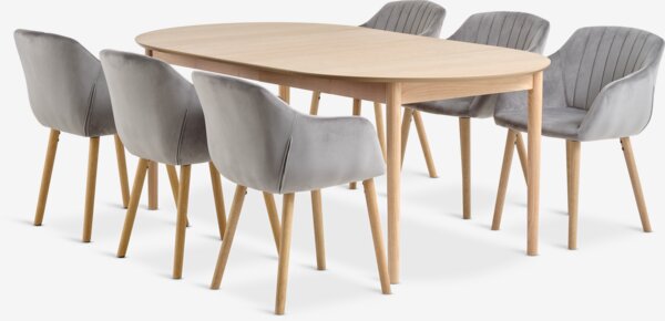 MARSTRAND D110 table oak + 4 ADSLEV chairs grey velvet