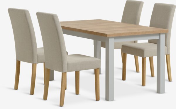 MARKSKEL L150/193 tafel lichtgrijs + 4 TUREBY stoelen beige