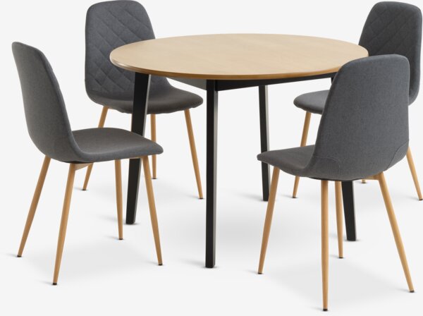 Table JEGIND Ø105 chêne + 4 chaises JONSTRUP asphalte/chêne