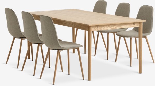 Mesa MARSTRUP L190/280 roble + 4 sillas BISTRUP arena