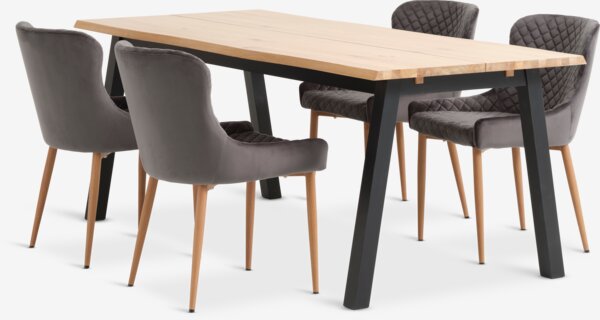 SKOVLUNDE L200 table nat. oak + 4 PEBRINGE chair grey velvet