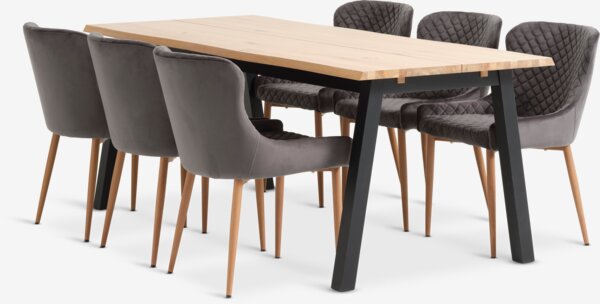 SKOVLUNDE L200 table nat. oak + 4 PEBRINGE chair grey velvet