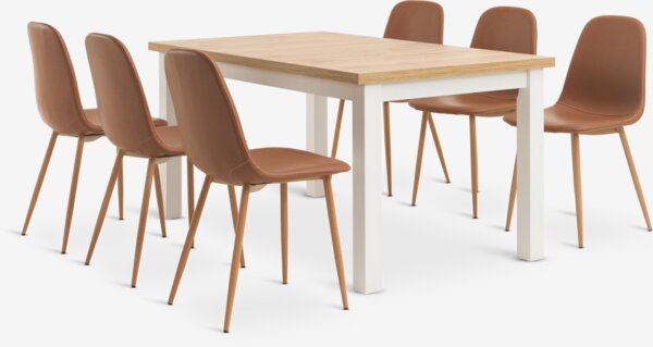 Table MARKSKEL L150/193 + 4 chaises JONSTRUP cognac/chêne