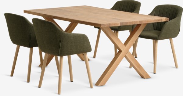 Table GRIBSKOV L180 chêne + 4 chaises ADSLEV olive