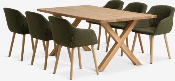 Table GRIBSKOV L180 chêne + 4 chaises ADSLEV olive