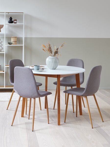 JEGIND Ø105 Tisch weiß + 4 JONSTRUP Stühle grau