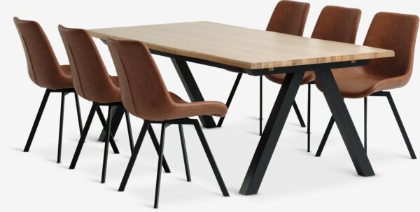 SANDBY L210 table chêne naturel + 4 HYGUM chaises cognac