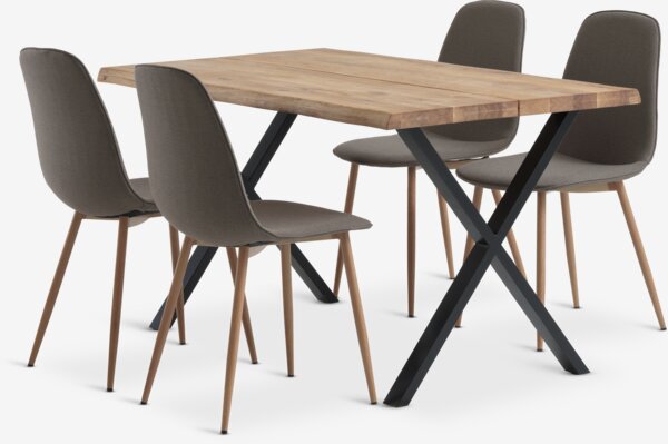 Table ROSLEV L140 chêne naturel + 4 chaises BISTRUP olive