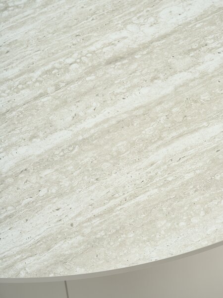 KLIPLEV Ø120 bord travertin + 4 EJSING stol beige/natur eik