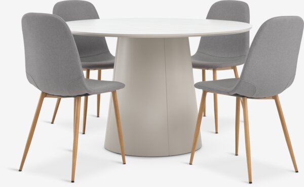KLIPLEV Ø120 table colo. travertin + 4 JONSTRUP chaises gris