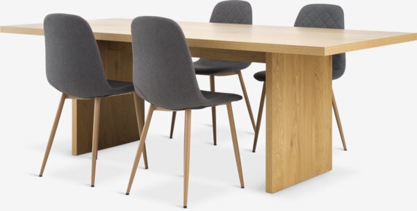 MUNKEBY L220 Tisch eiche + 4 JONSTRUP Stühle asphalt
