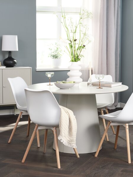 KLIPLEV Ø120 Tisch Travertin + 4 KASTRUP Stühle weiss