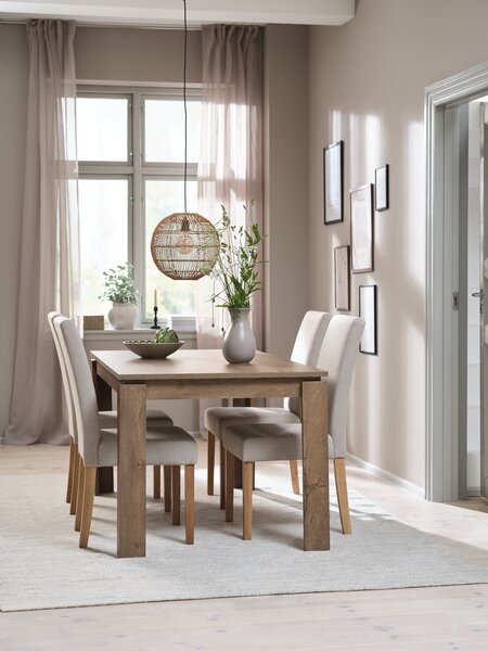 VEDDE L160 tafel wild eiken + 4 TUREBY stoelen beige