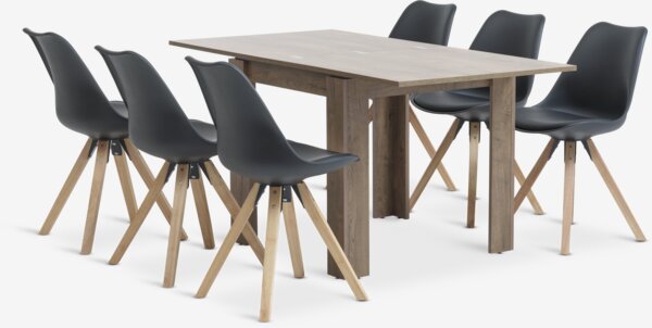 VEDDE L80/160 Tisch wildeiche d. + 4 BLOKHUS Stühle schwarz