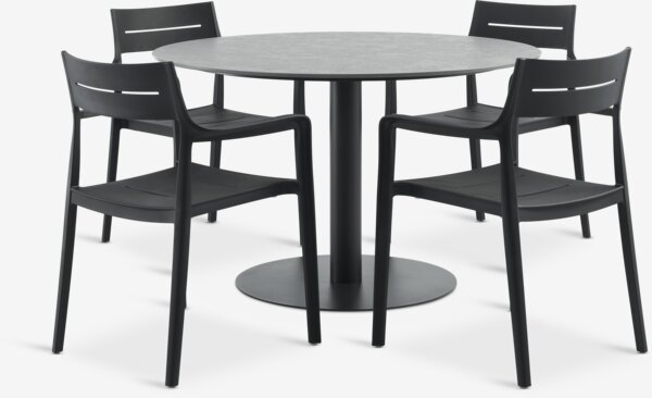 VAMDRUP Ø120 pöytä harmaa + 4 INGSTRUP tuoli musta
