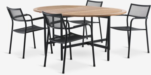 RENA L54/175 tafel hardhout + 4 HEMSEDAL stoelen zwart