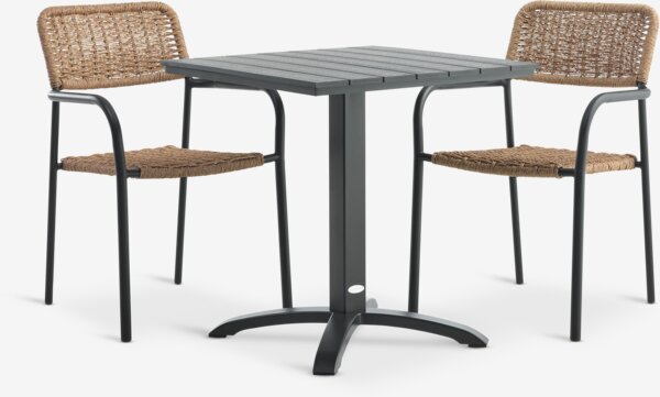 HOBRO L70 bord svart + 2 ORKANGER stol natur