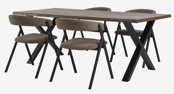 Table ROSLEV L200 chêne foncé + 4 chaises HINDEVAD brun