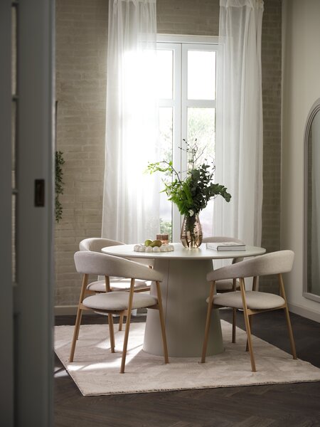 KLIPLEV Ø120 bord travertin + 4 EJSING stol beige/natur eik