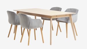 KALBY L160/250 table oak + 4 ADSLEV chairs grey velvet