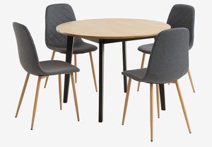 JEGIND Ø105 Tisch Eiche + 4 JONSTRUP Stühle asphalt/Eiche