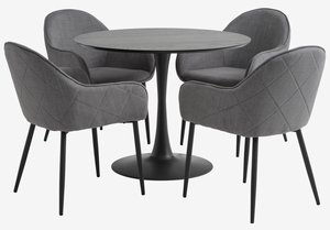 Table RINGSTED Ø100 noir + 4 chaises SABRO gris/noir