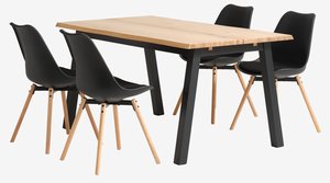 SKOVLUNDE D160 stůl přírodní dub + 4 KASTRUP židle černá